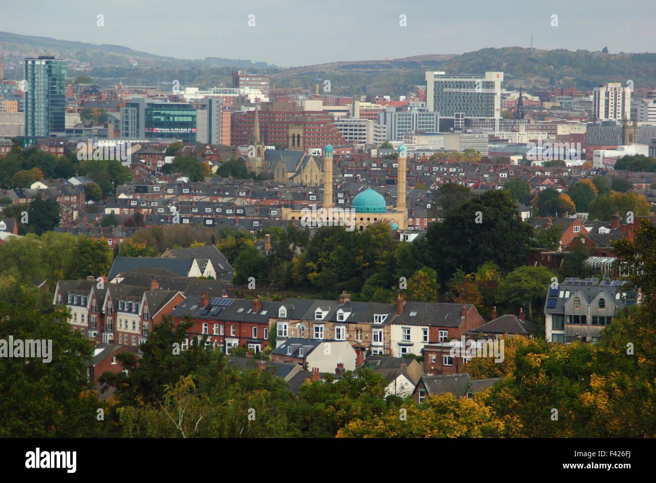 The skyline of the city of Sheffield in South Yorkshire, England, seen from the south of the City - -October 2015. Stock Photo