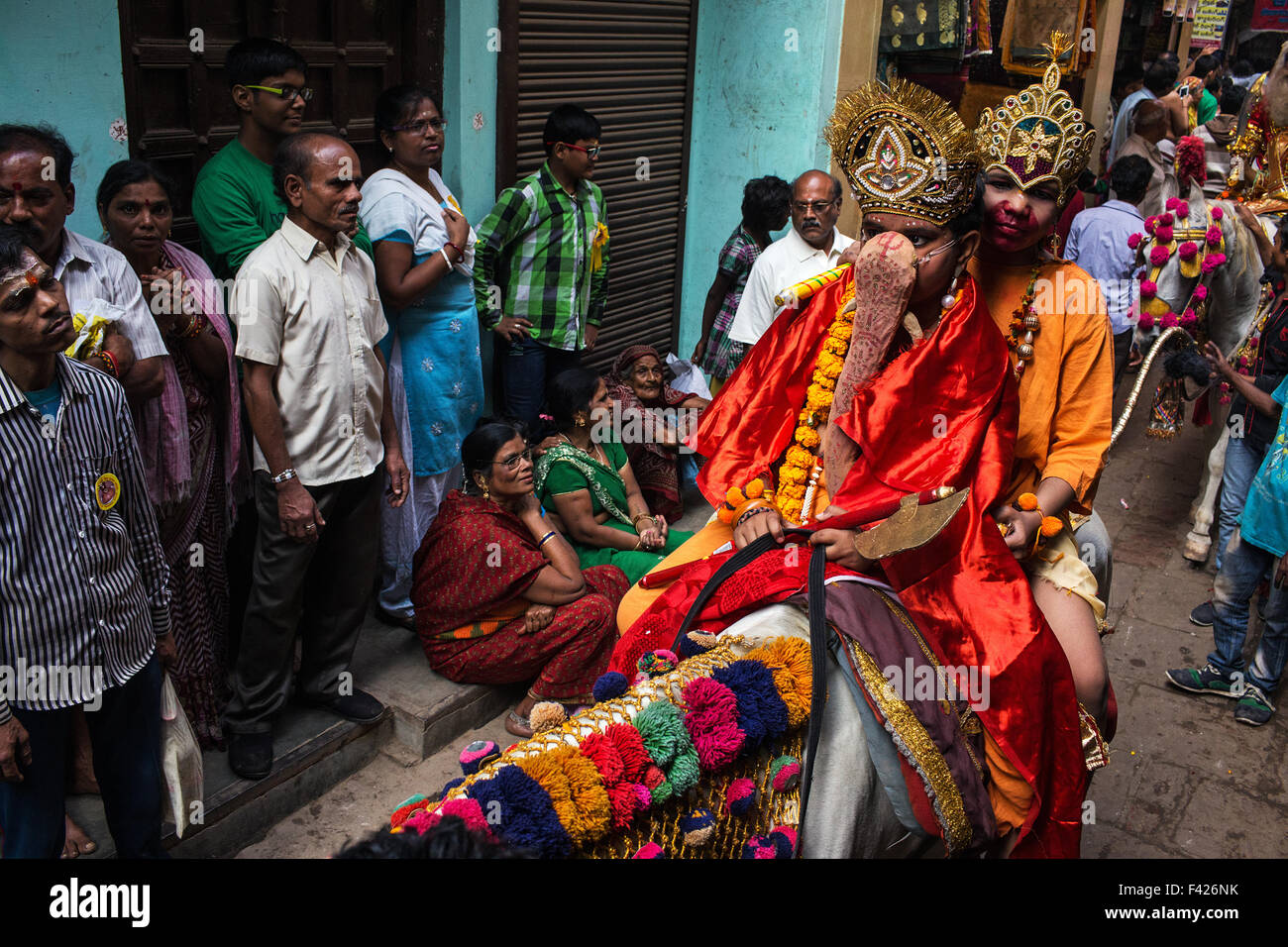 Procession in the old city during Maha Shivaratri festival in Varanasi, India. Stock Photo