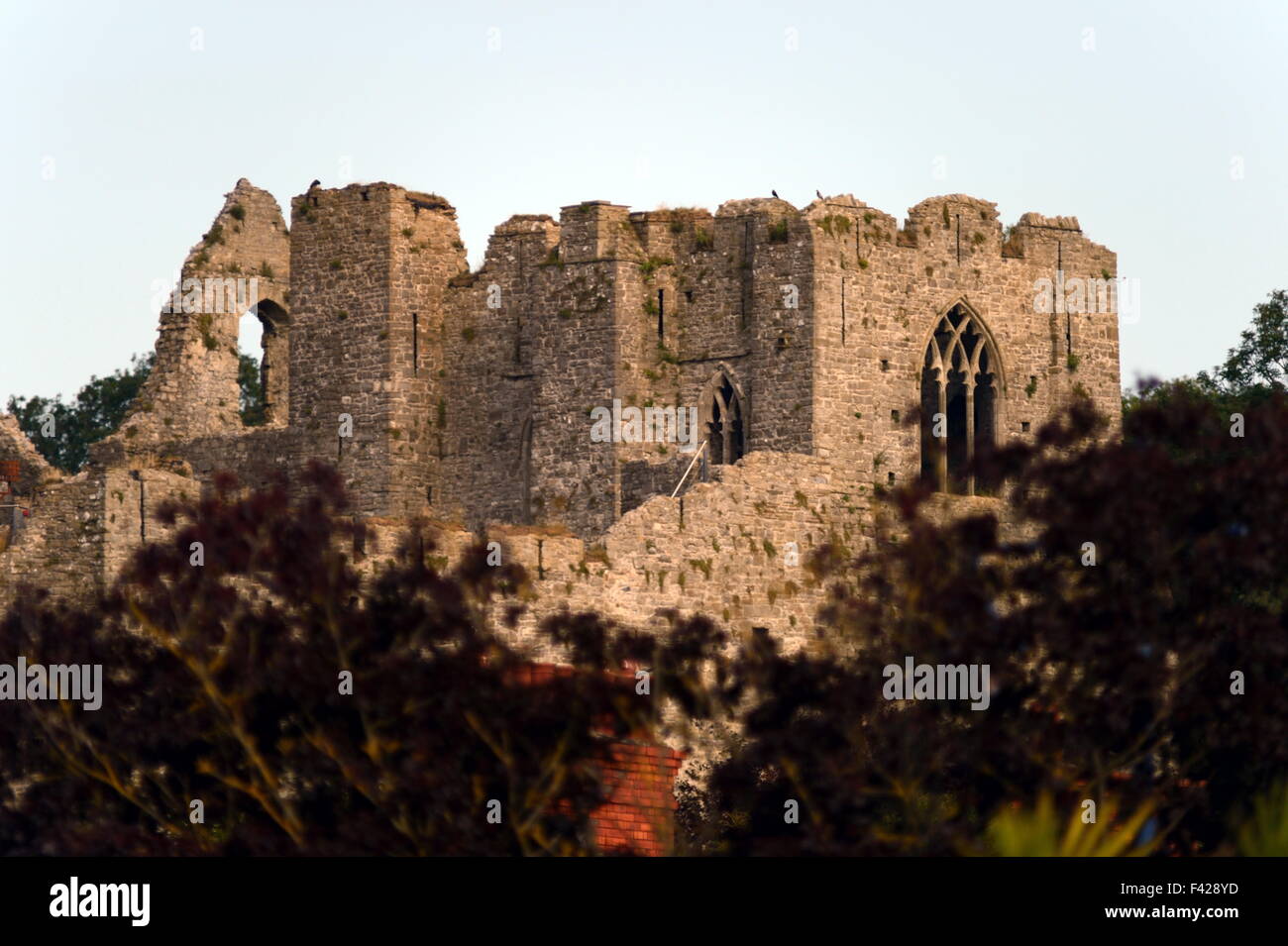 view of east face of Oystermouth castle with decorative arched windows, Mumbles, Gower, UK Stock Photo