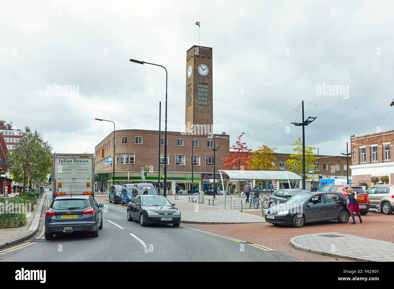 Crewe town centre with clock tower Stock Photo