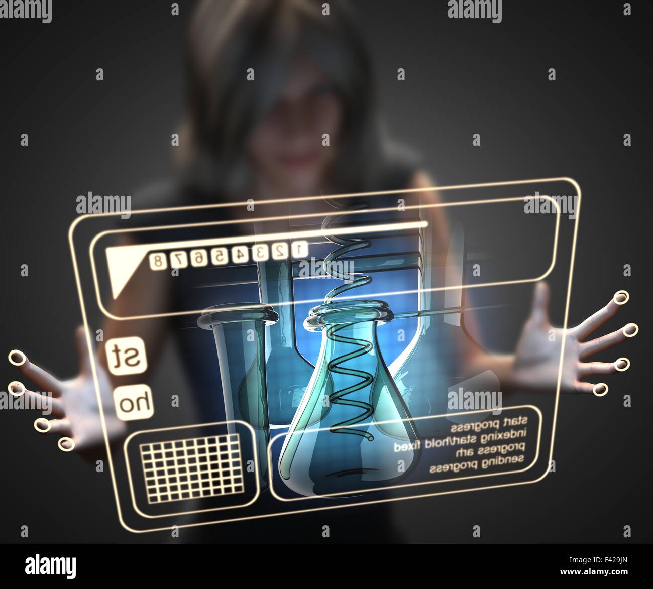 woman and hologram with laboratory glassware Stock Photo