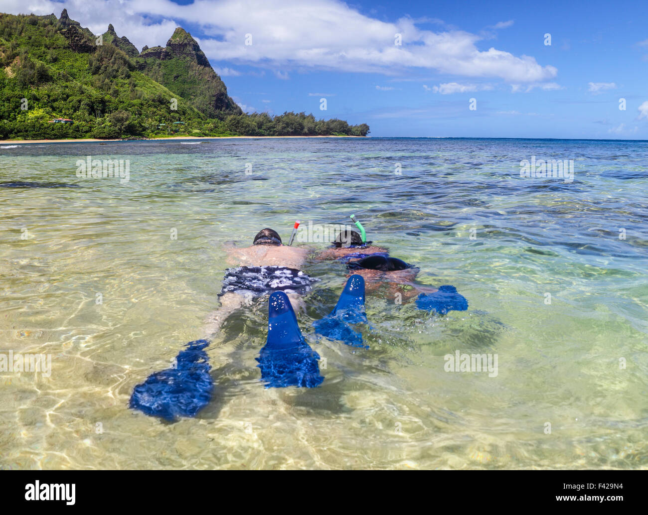 Snorkelers at Tunnels Beach on Kauai Stock Photo Alamy