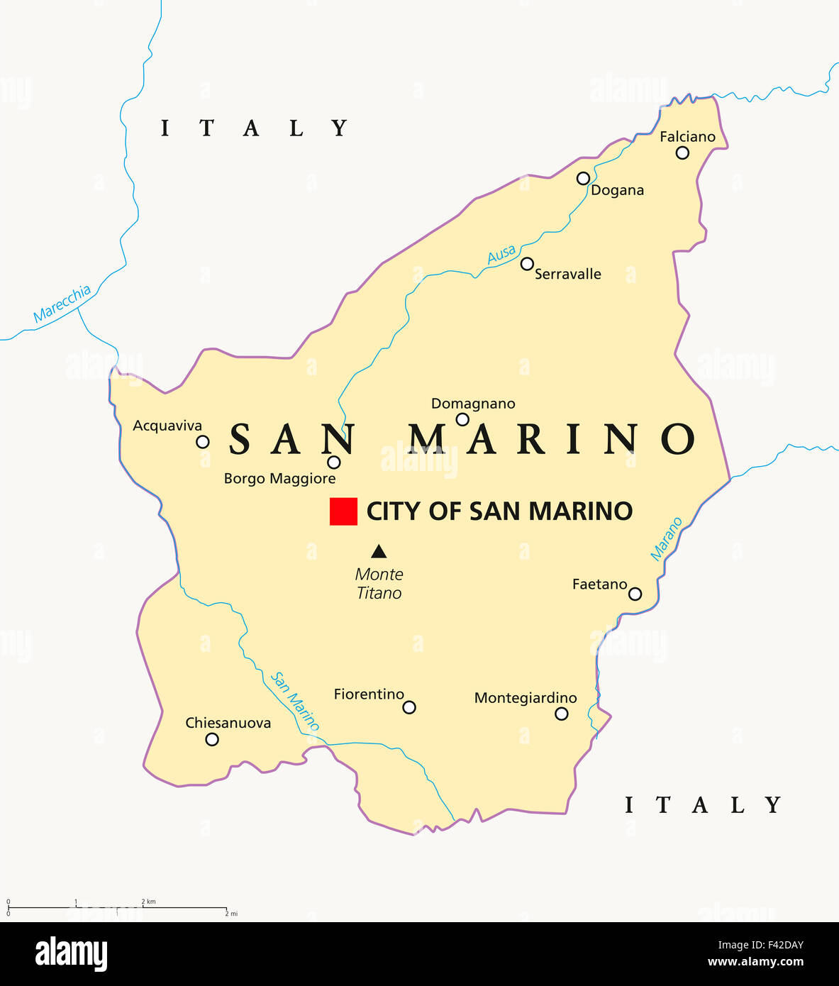San Marino political map with capital City of San Marino, national borders, important towns and rivers. English labeling. Stock Photo