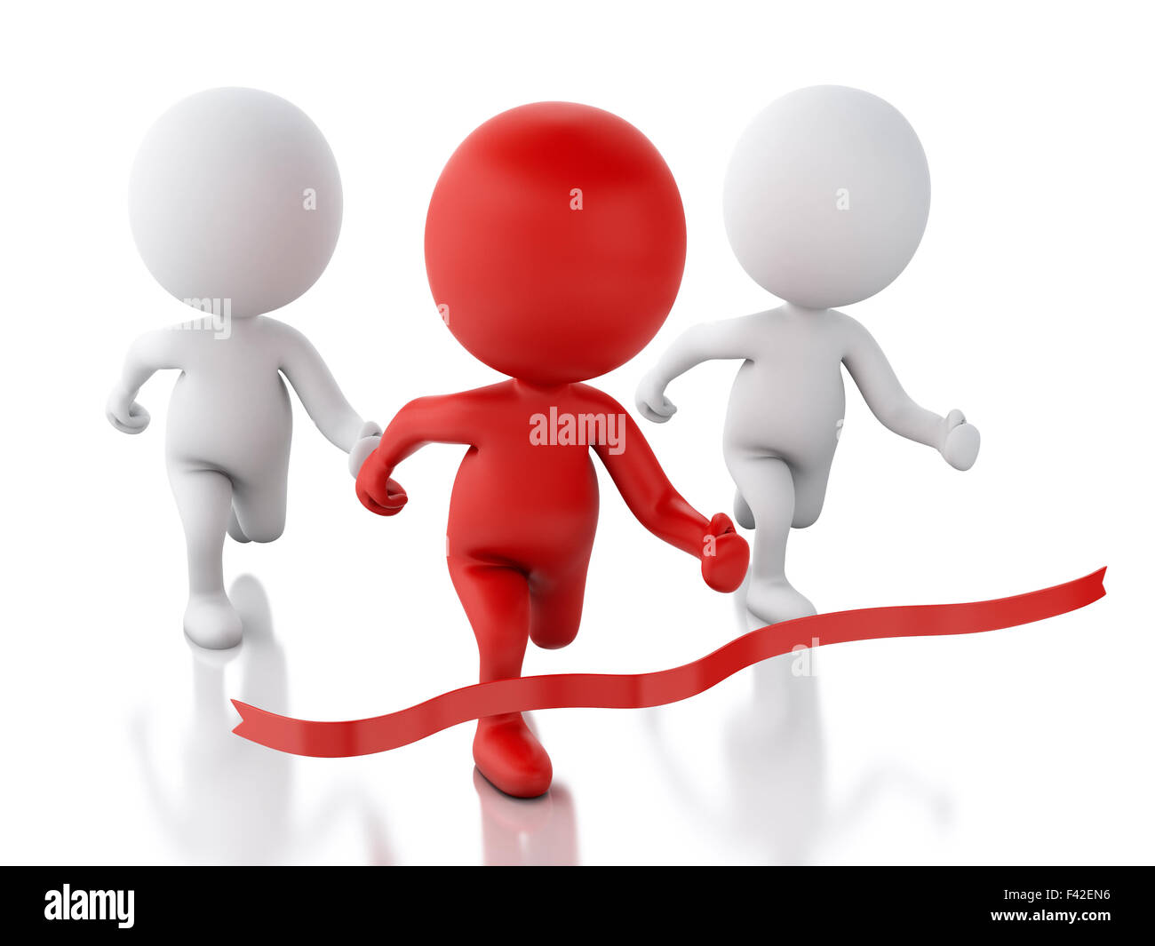 3d red people crossing the finishing line. Stock Photo