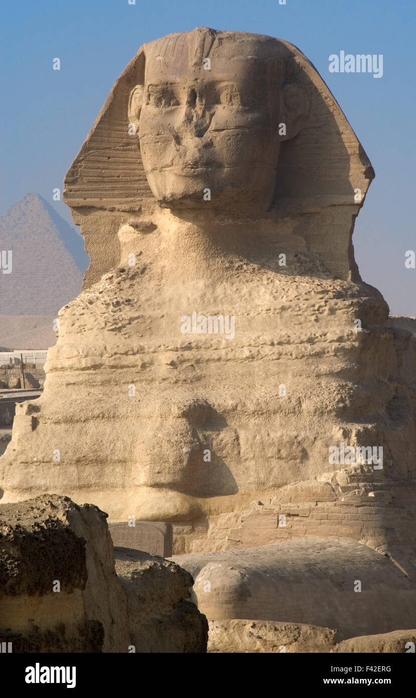 Egypt. Great Sphinx of Giza. Limestone statue with lion body and human head. Is believed that represents the Pharaoh Khafra. Built as a protective guard on the banks of the River Nile. Old Kingdom. 2500 B.C. approximately. 4th Dynasty. Stock Photo
