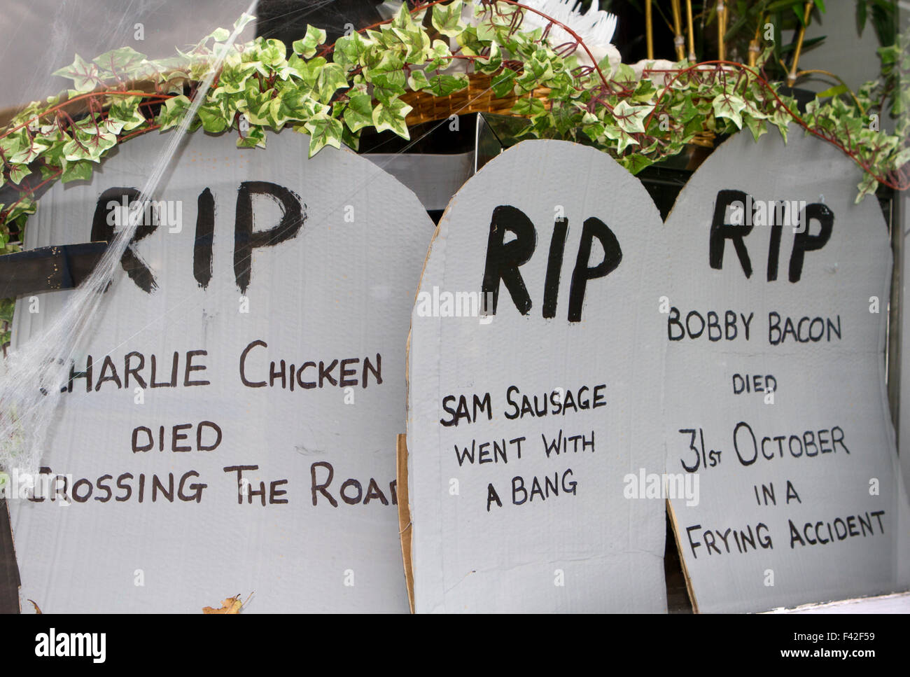 RIP, Humorous. funny, corny, jokes, one liners, signs in Butchers Shop in  Colne, Lancashire, UK Stock Photo - Alamy