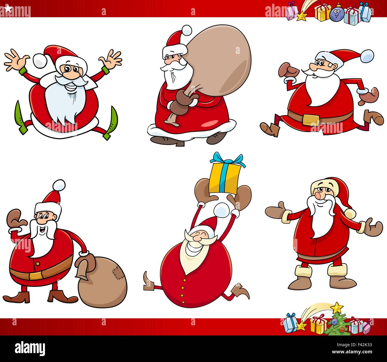 Cartoon Illustration of Santa Claus with Presents and Christmas Themes Set Stock Vector