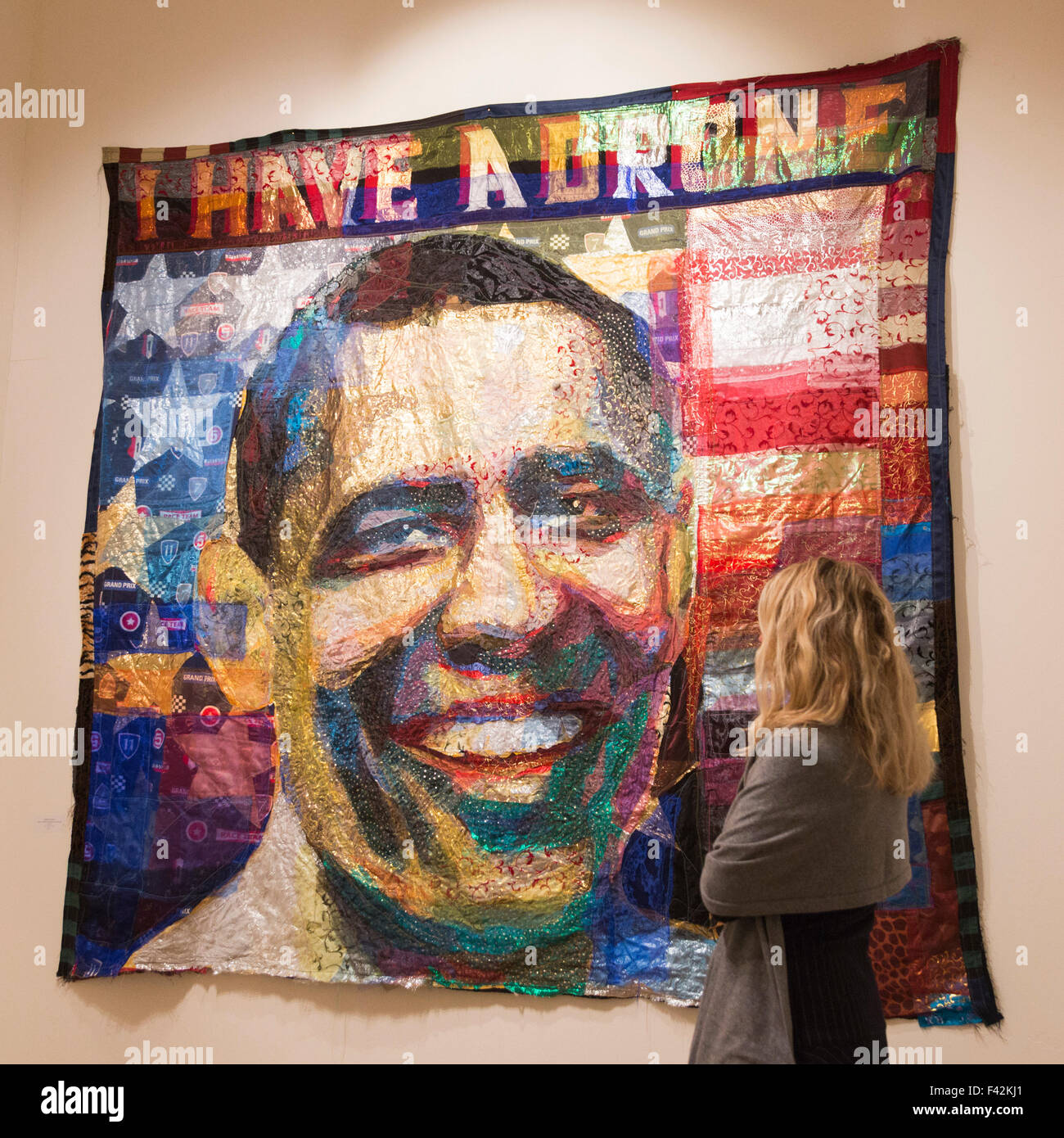London, UK. 14/10/2015. Pictured: a Barack Obama "I have a drone" artwork by artist Hassan Musa from Sudan. Press preview of the 1:54 Contemporary African Art Fair. The 1:54 Contemporary African Art Fair returns to London from 15-18 October 2015 for the third edition featuring 38 exhibitors, 14 of which are from Africa, and representing more than 150 contemporary artists from Africa and the African diaspora. Stock Photo