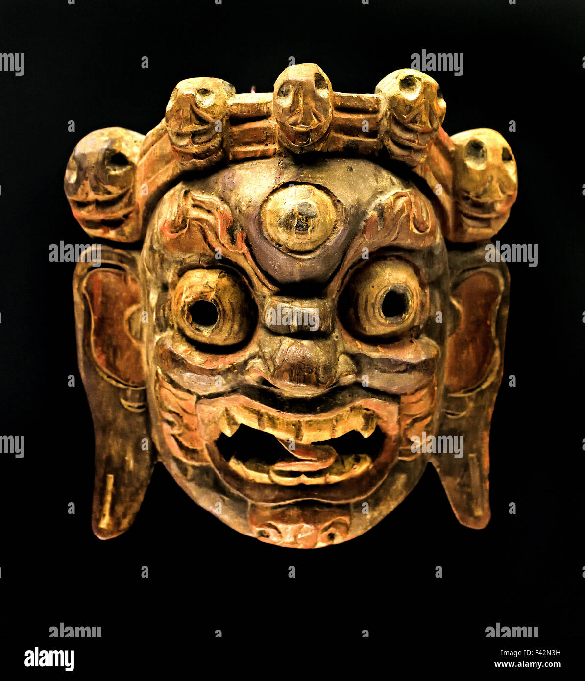 Painted and Lacquered Mask of Dharmapala Cham Dance1900 -1950 Tibetan Tibet Gannan Gansu Shanghai Museum of ancient Chinese art China Stock Photo