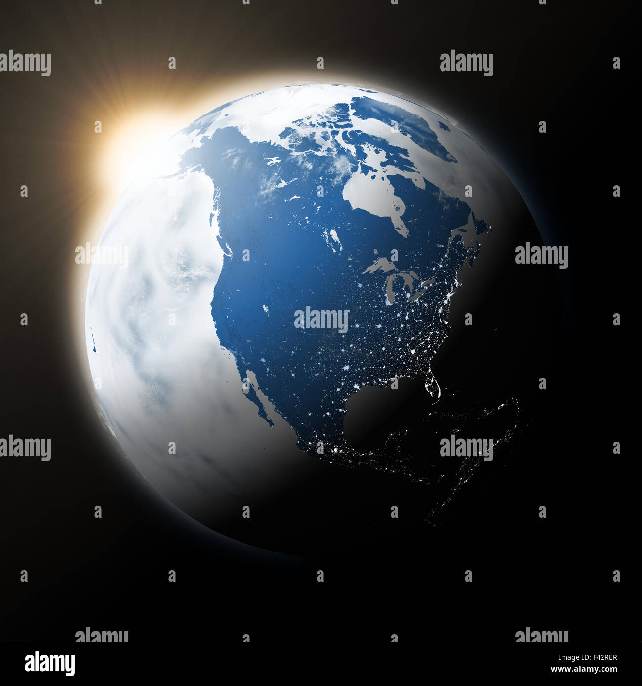 Sun over North America on blue planet Earth isolated on black ...