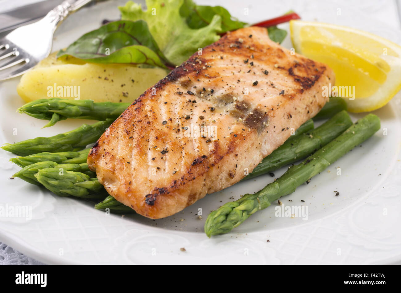 grilled salmon with asparagus Stock Photo