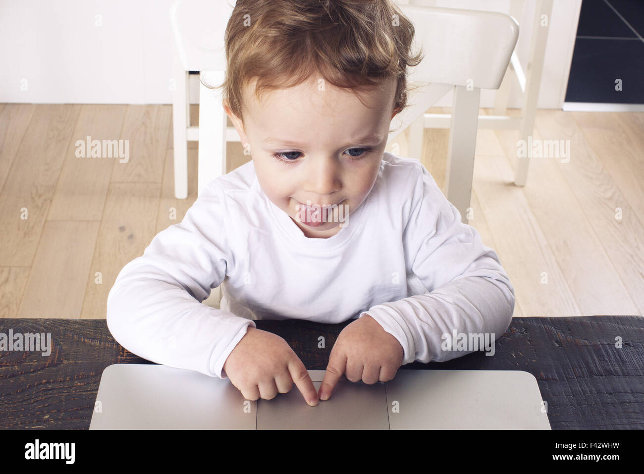 Little boy using touch pad on laptop computer Stock Photo Alamy