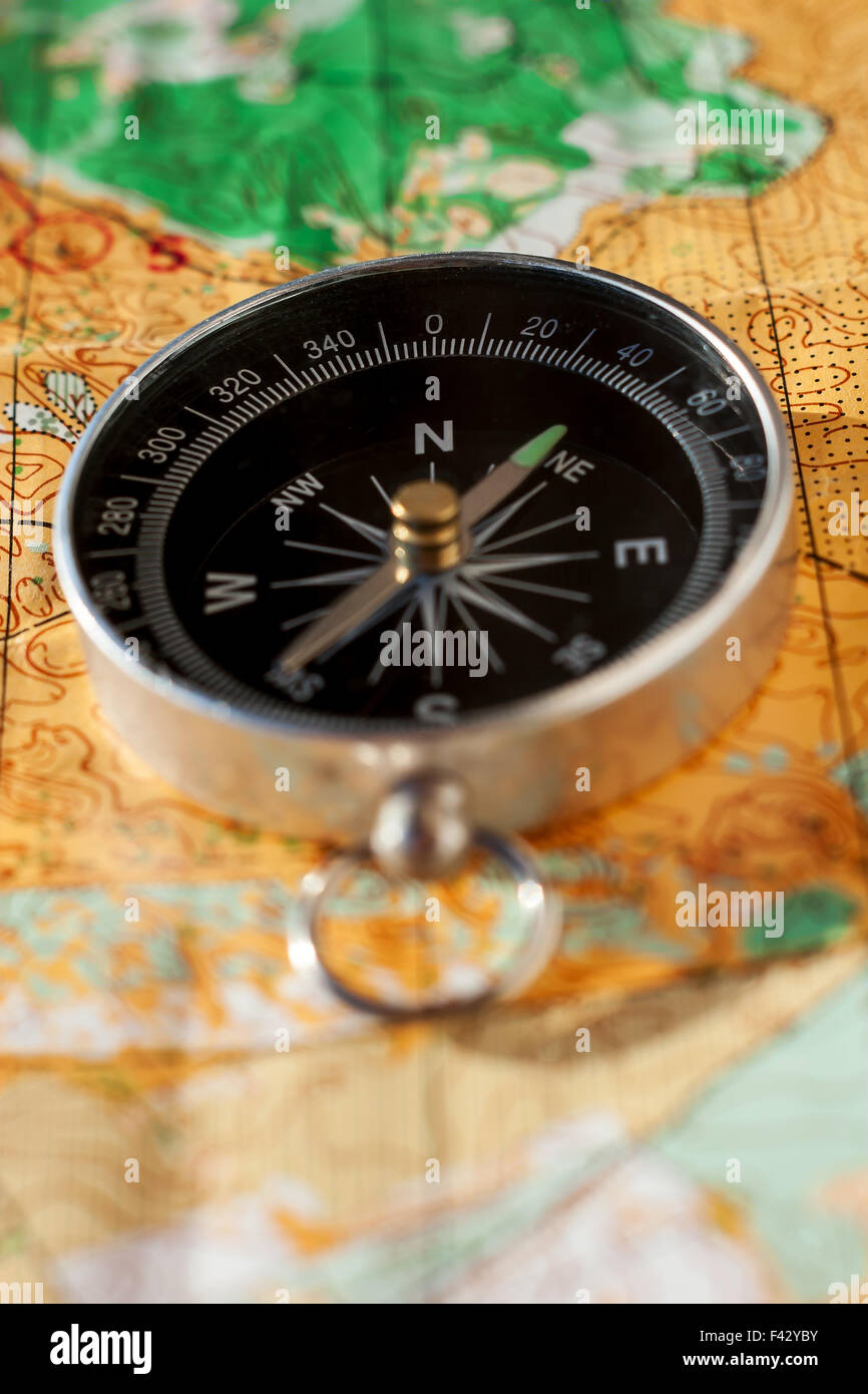 Compass on orienteering map Stock Photo