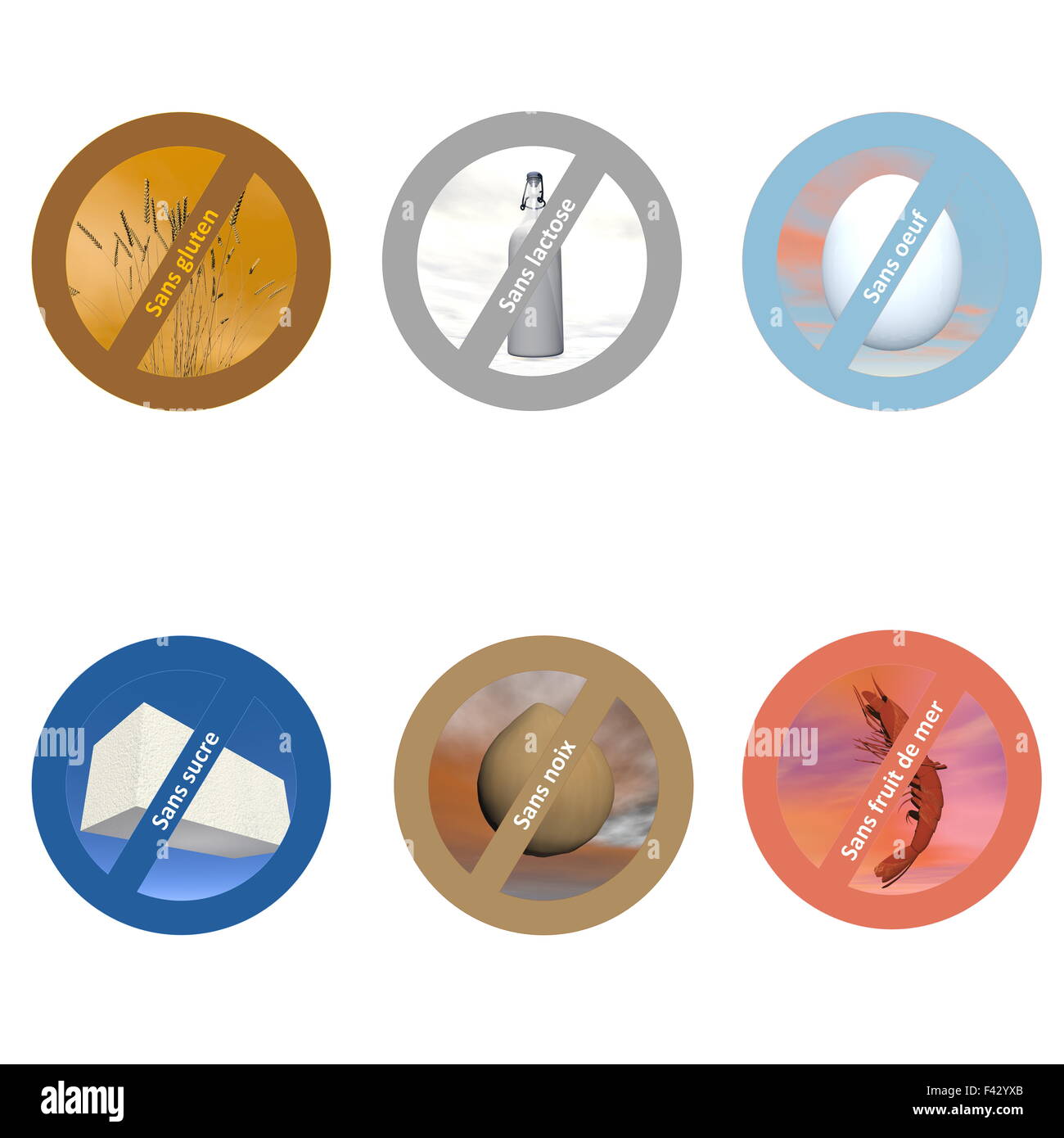 French stickers for allergen free products Stock Photo