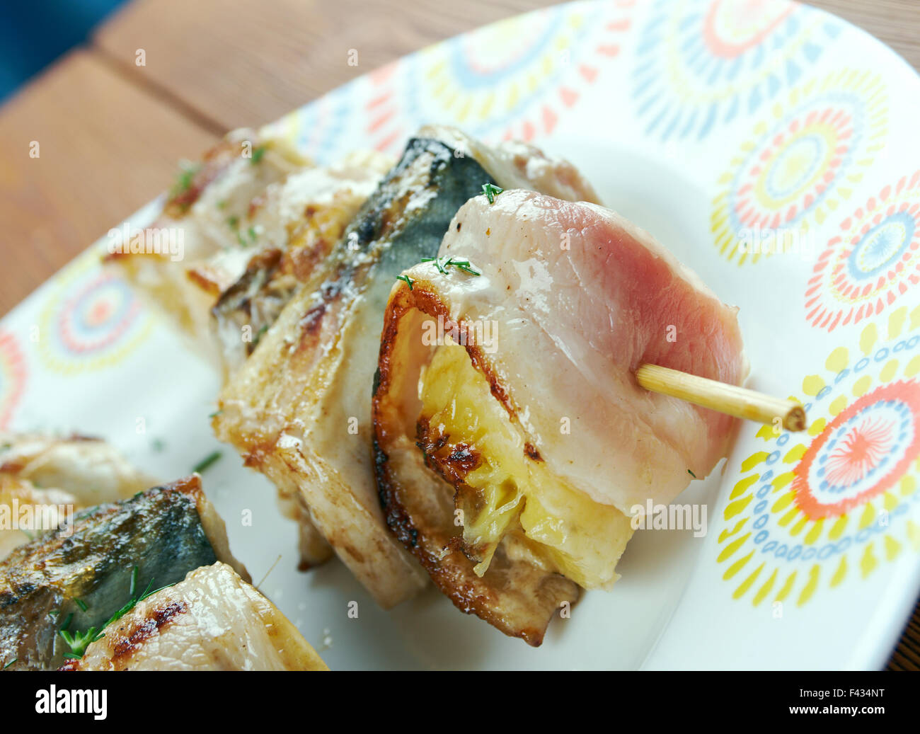 kebabs mackerel, banana and bacon Stock Photo Alamy