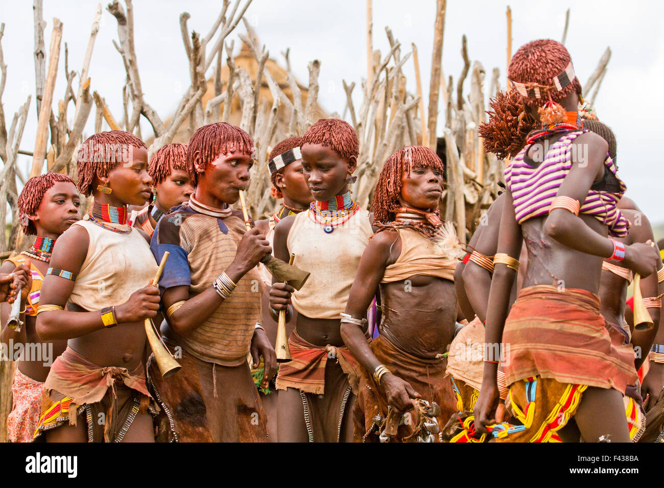 The raw scars on a Hamar woman's back after being whipped at a 'Jumping of the Bull' ceremony. Omo Valley Ethiopia Stock Photo