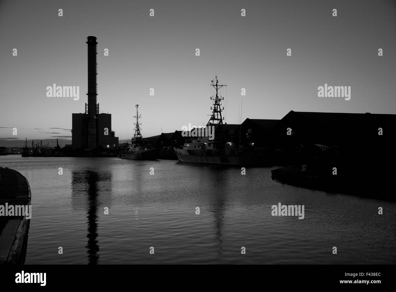 Power Station and port at dawn, black and white, Shoreham, Sussex Stock Photo