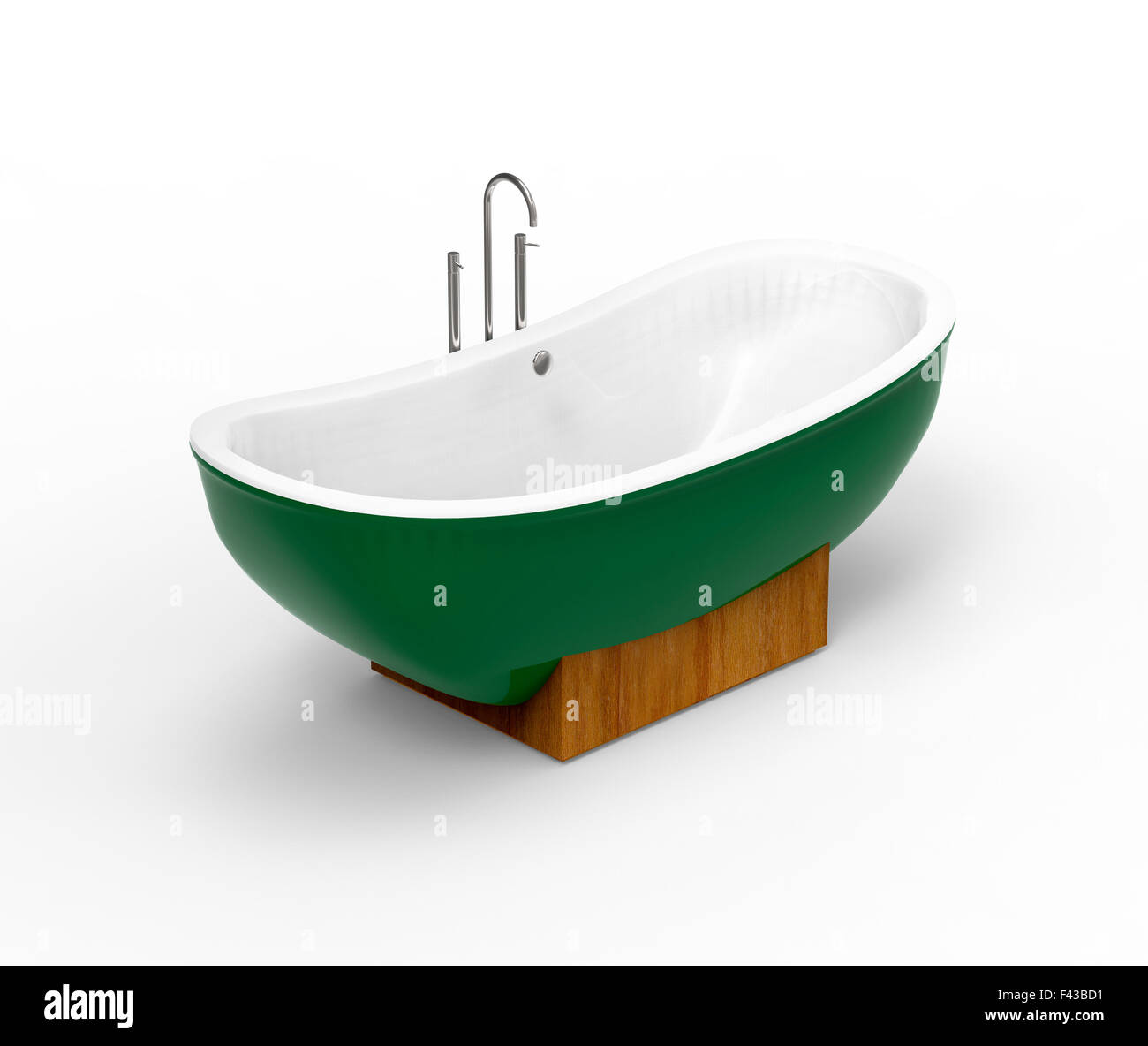 Freestanding boat-shaped modern green bathtub in a wooden cradle with faucets and plumbing over a white background Stock Photo