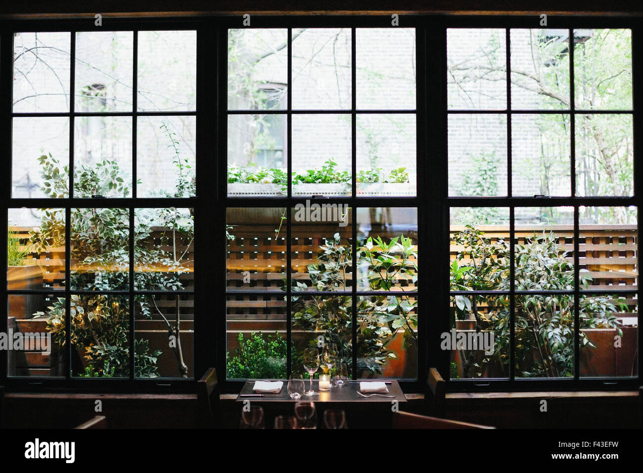 Interior view of a restaurant in Manhattan's West Village, window overlooking a garden. Stock Photo