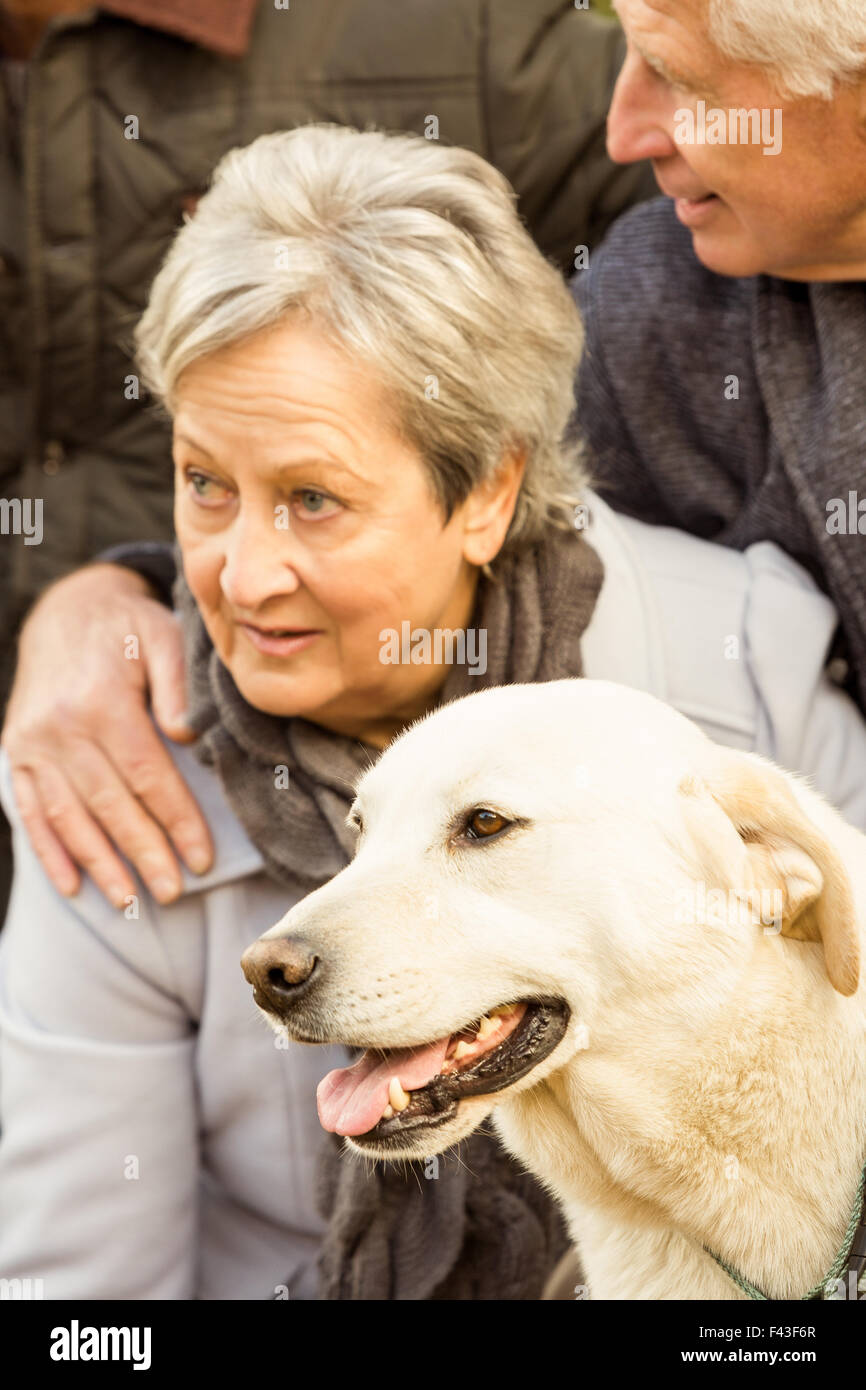 Senior couple in the park with dog Stock Photo - Alamy