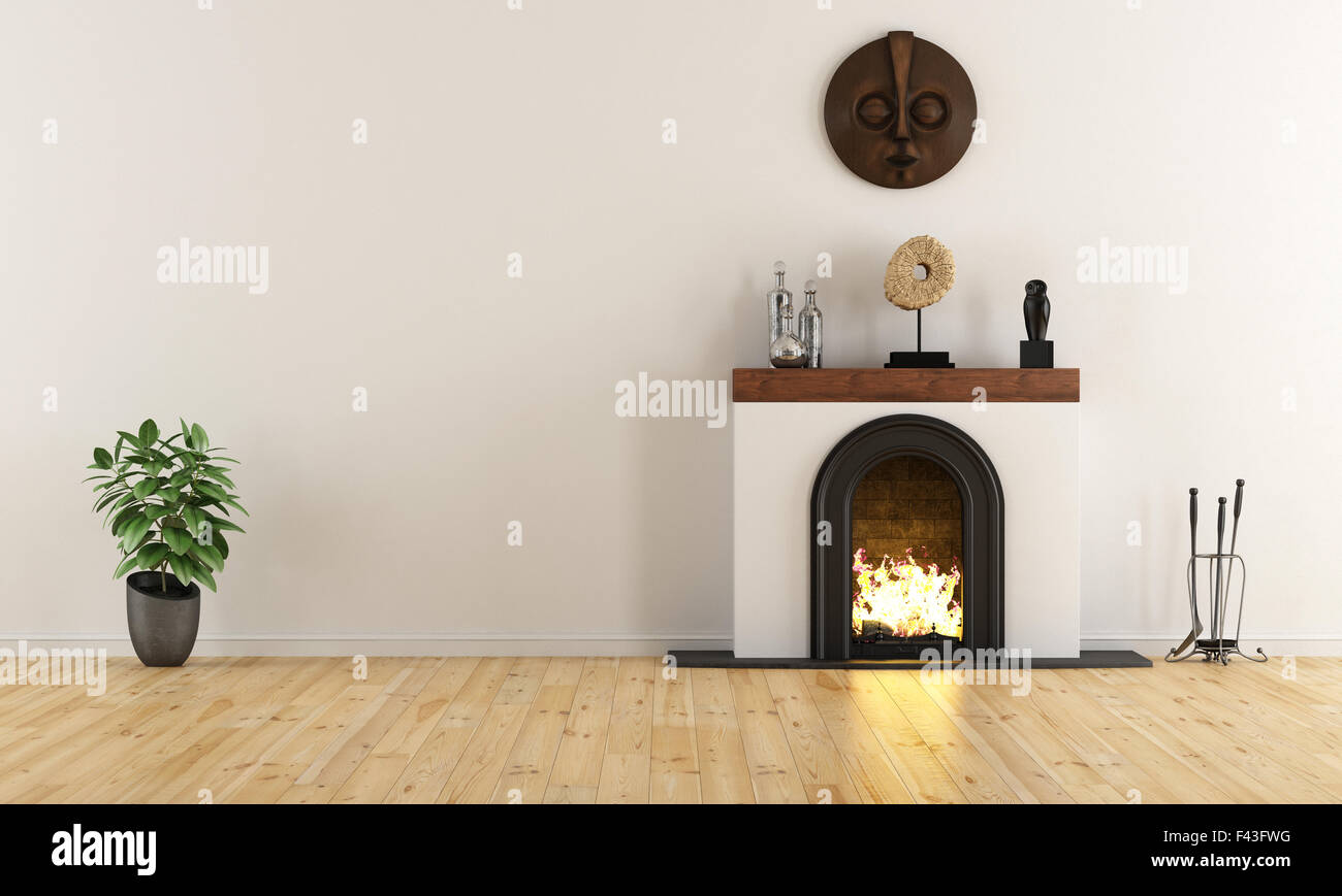 Empty room with minimalist fireplace with ethnic decor objects - 3D Rendering Stock Photo