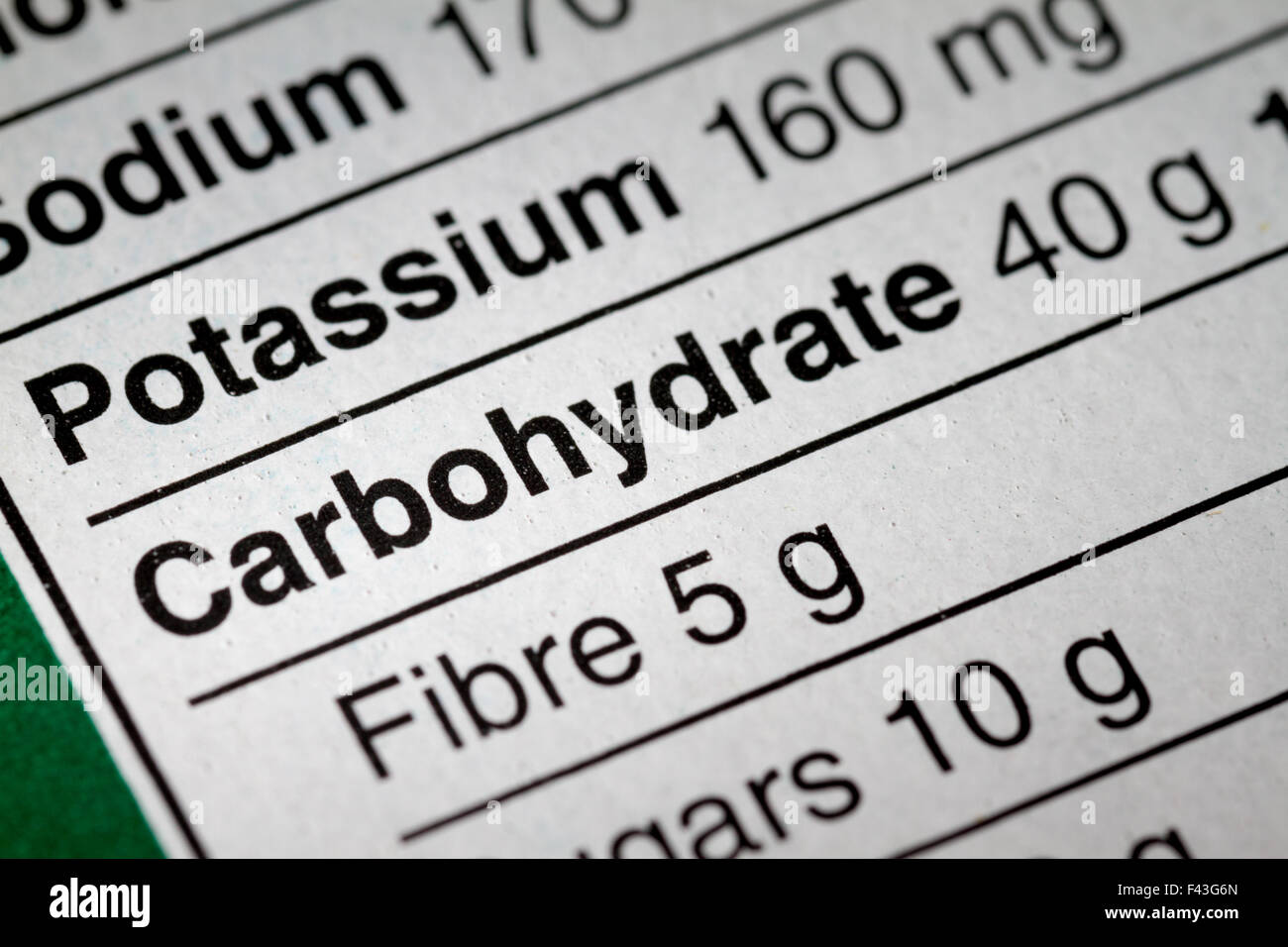 Shallow depth of Field image of Nutrition Facts Carbohydrate Information we can find on a grocery Store Product. Stock Photo