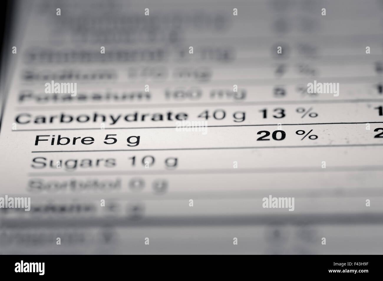 Shallow depth of Field image of Nutrition Facts Fiber Information we can find on a grocery Store Product. Stock Photo