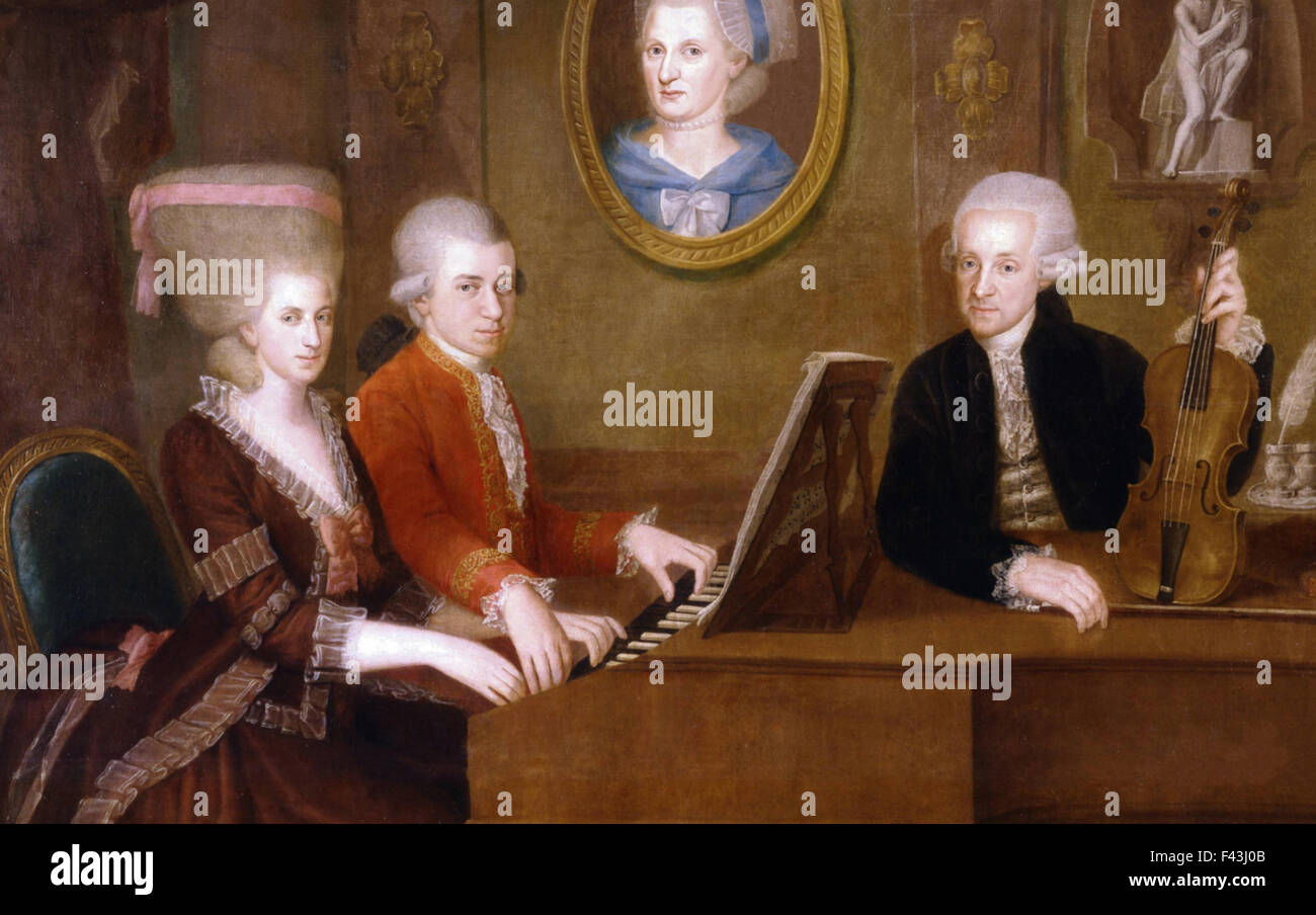 MOZART FAMILY painting by Johann Croce about 1780. From left Maria Anna (grandmother),  Mozart himself, his deceased mother Anna Maria in a portrait and father Leopold Stock Photo