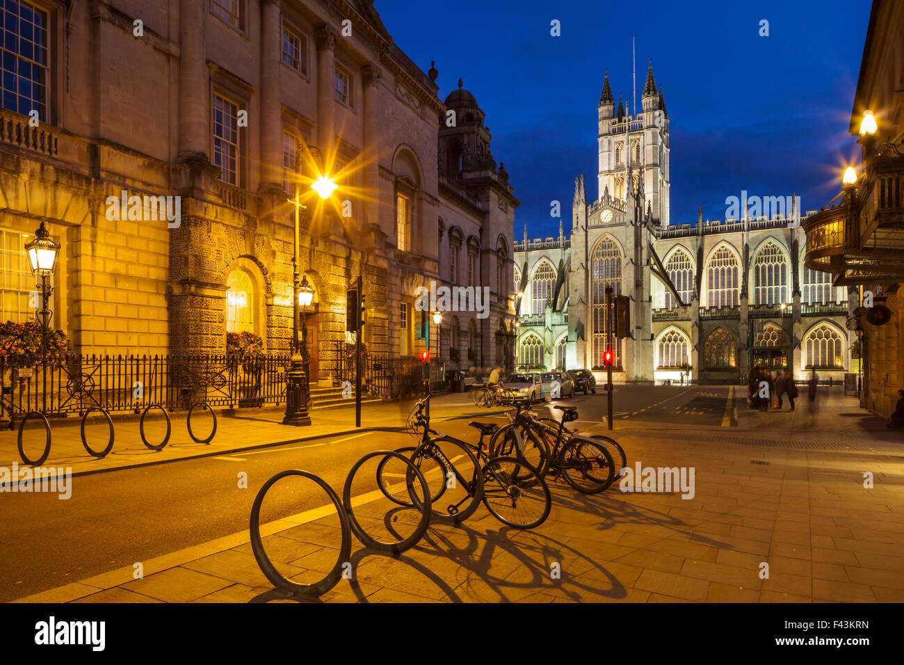 Evening at Bath Abbey and Guildhall in Bath, England. Stock Photo