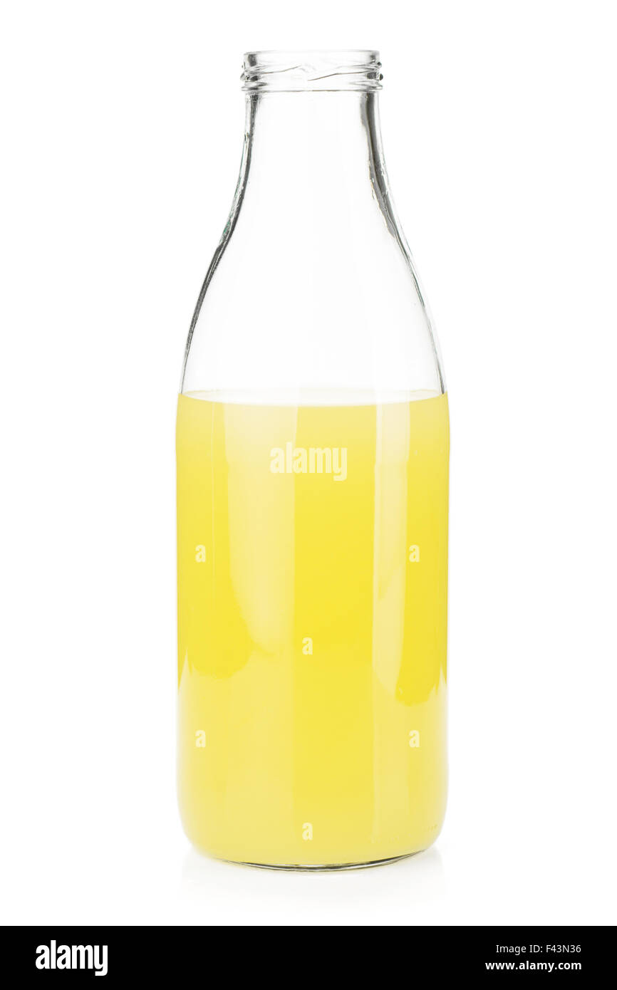 Lemon juice half full bottle. Isolated on white background Stock Photo