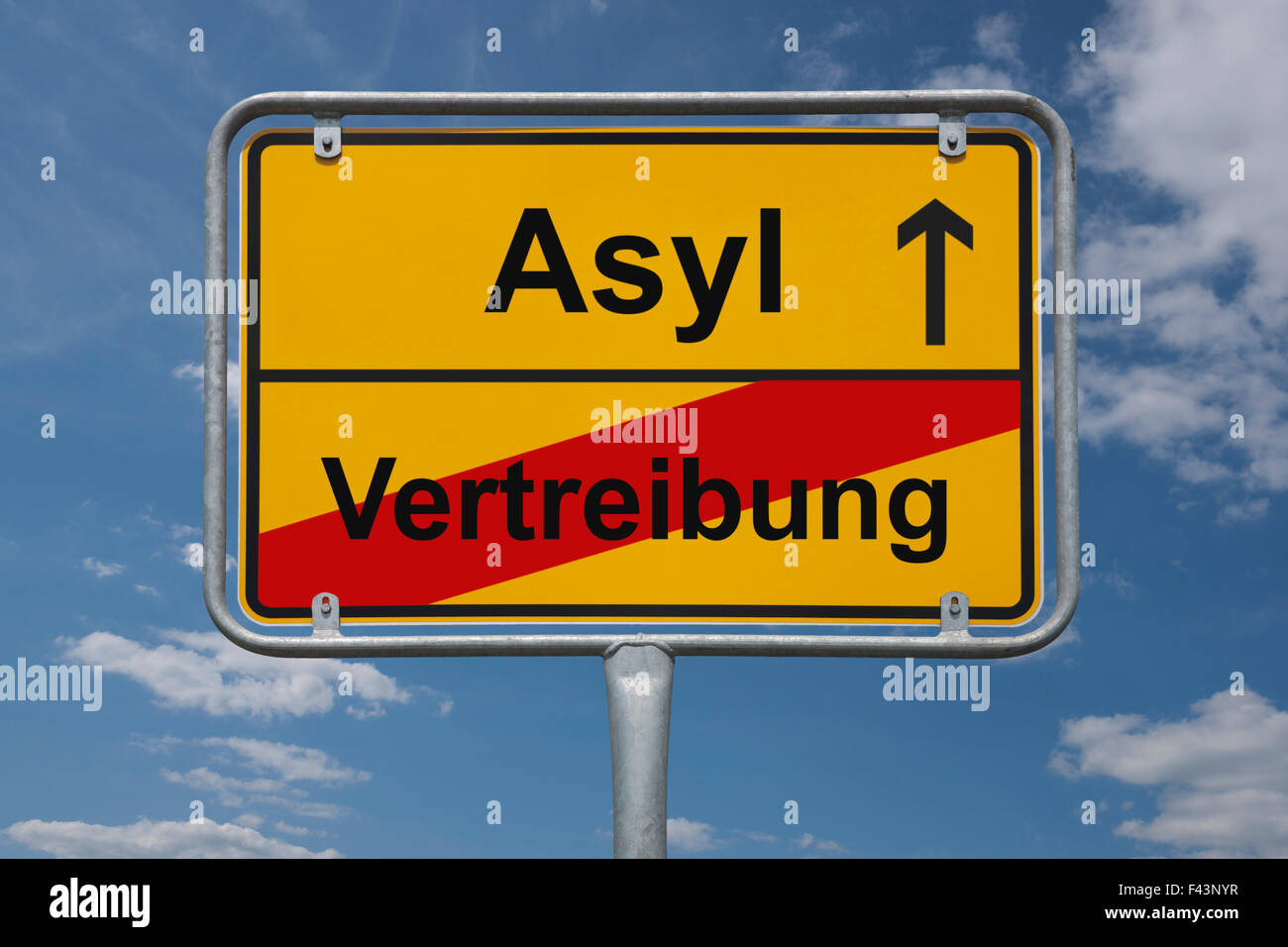 Town sign Germany, End of the town with the inscription Ende Vertreibung (end of expulsion), Beginn Asyl (start Asylum) Stock Photo