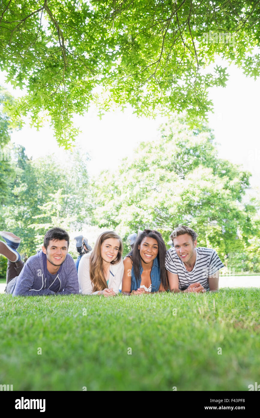 Happy students using laptop outside Stock Photo - Alamy