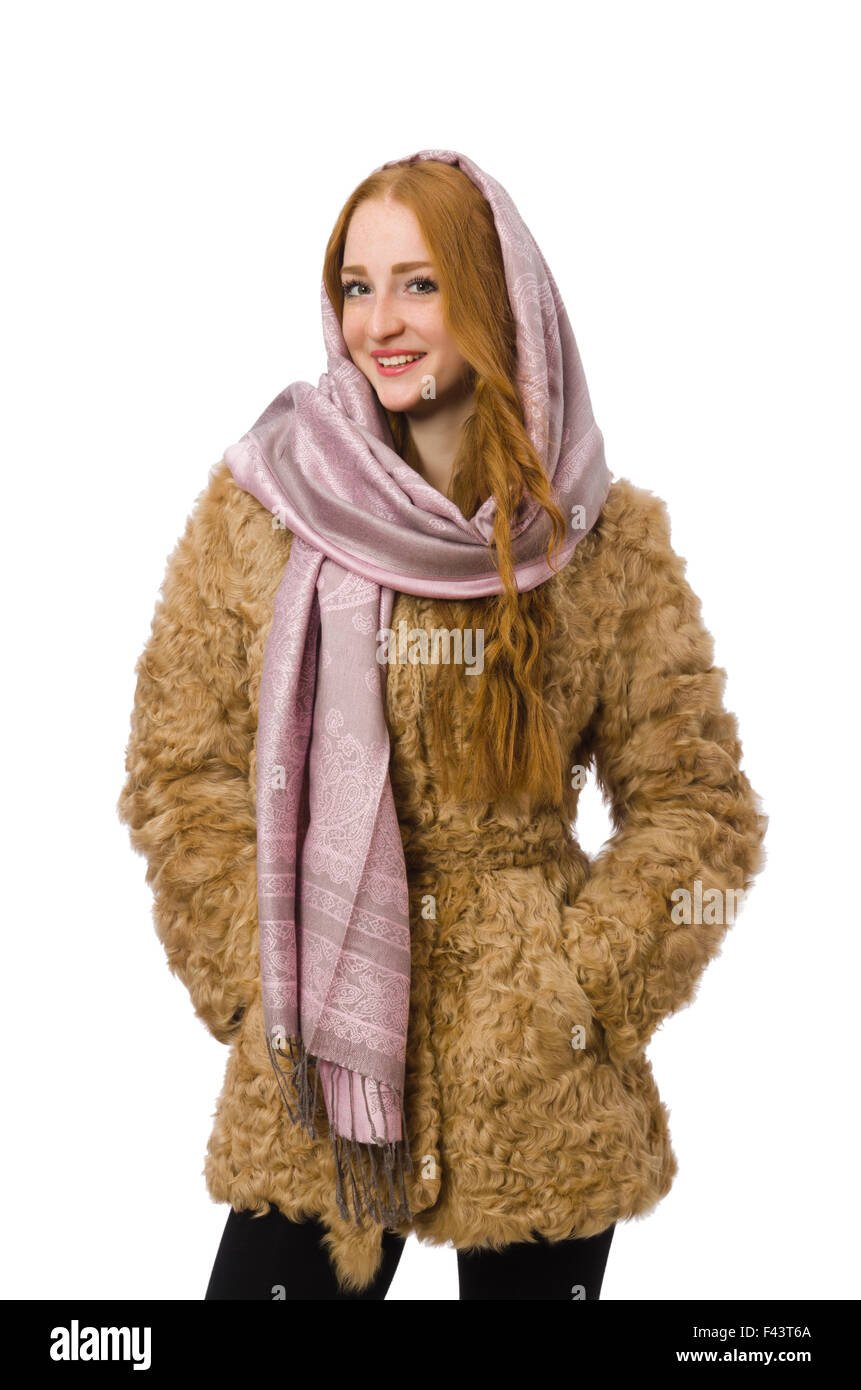 Redhead girl in fur coat isolated on white Stock Photo - Alamy