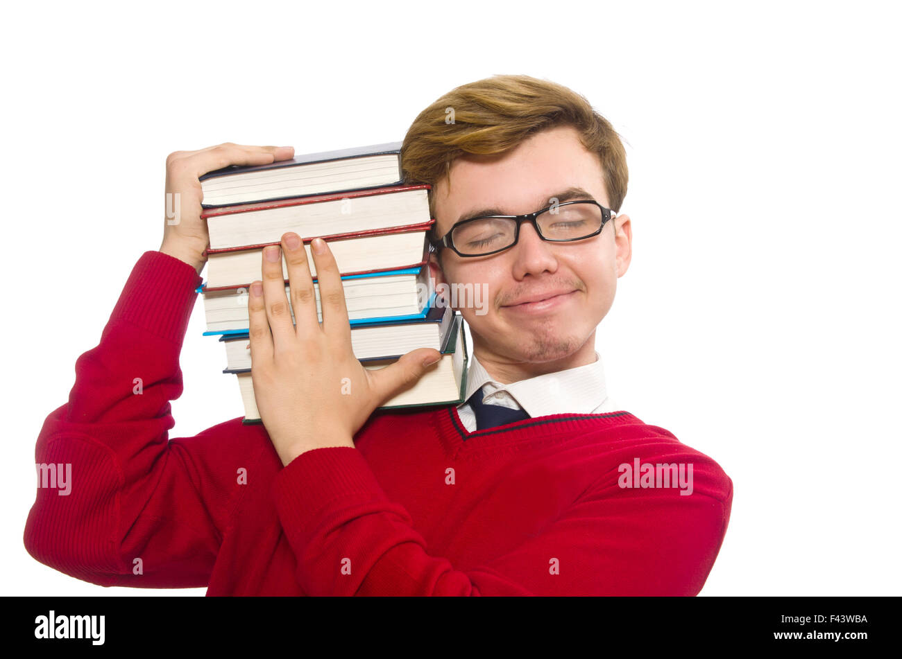 Funny student with books isolated on white Stock Photo - Alamy