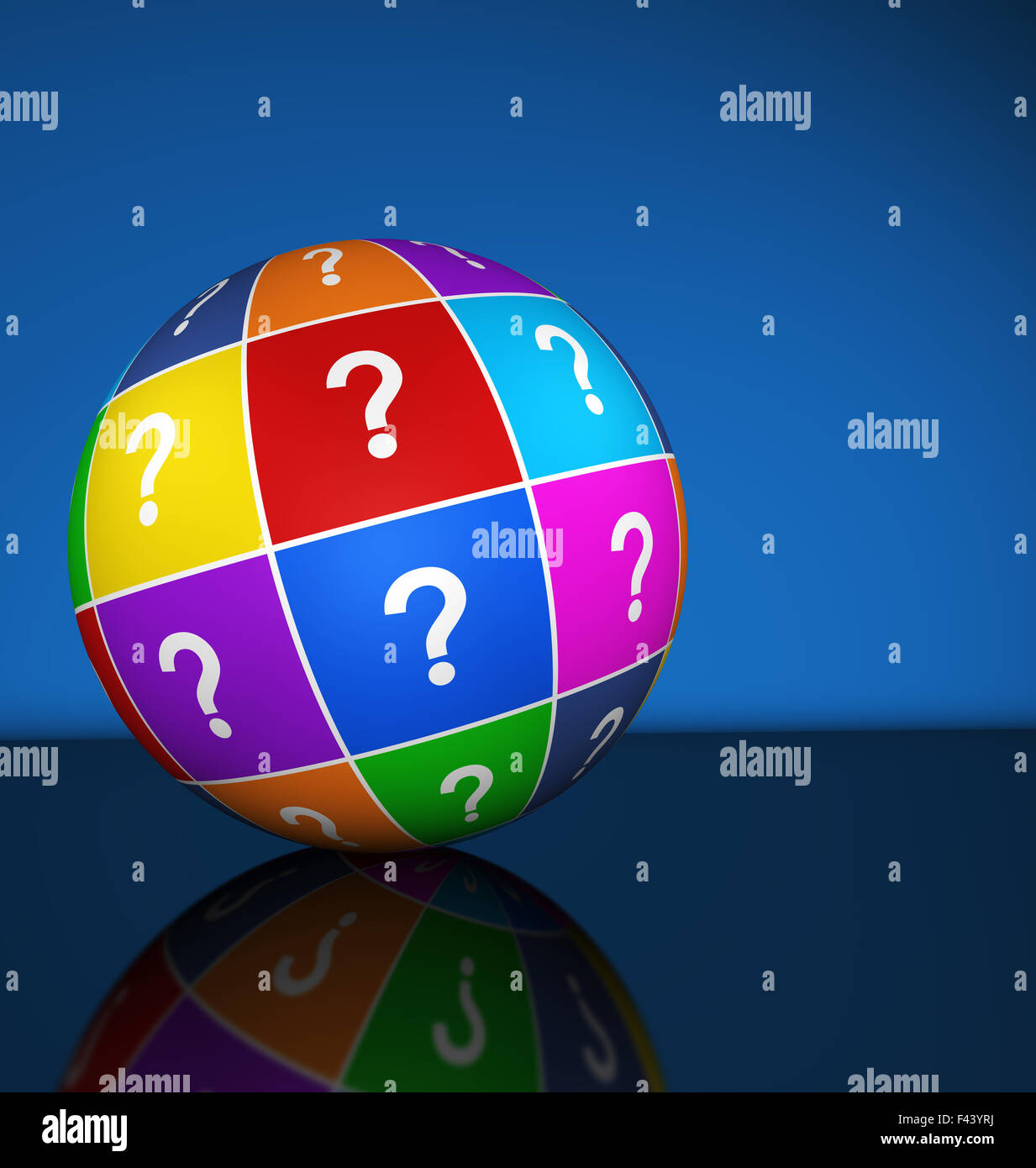 Question mark symbol and icon on a colorful globe conceptual 3d illustration for web and online business on blue background. Stock Photo