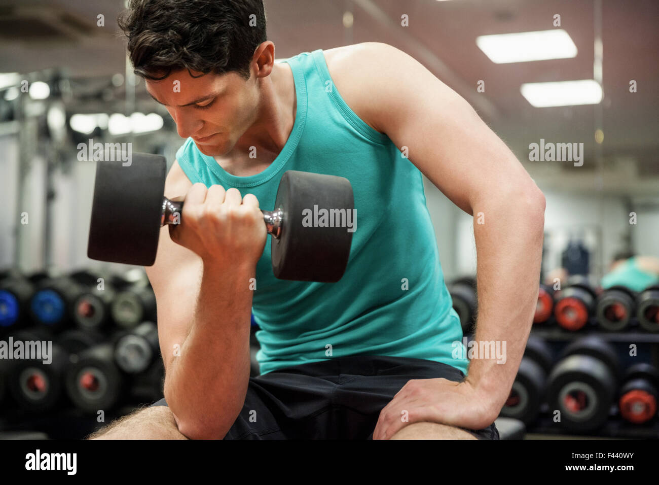 Man lifting dumbbell weight while sitting Stock Photo Alamy