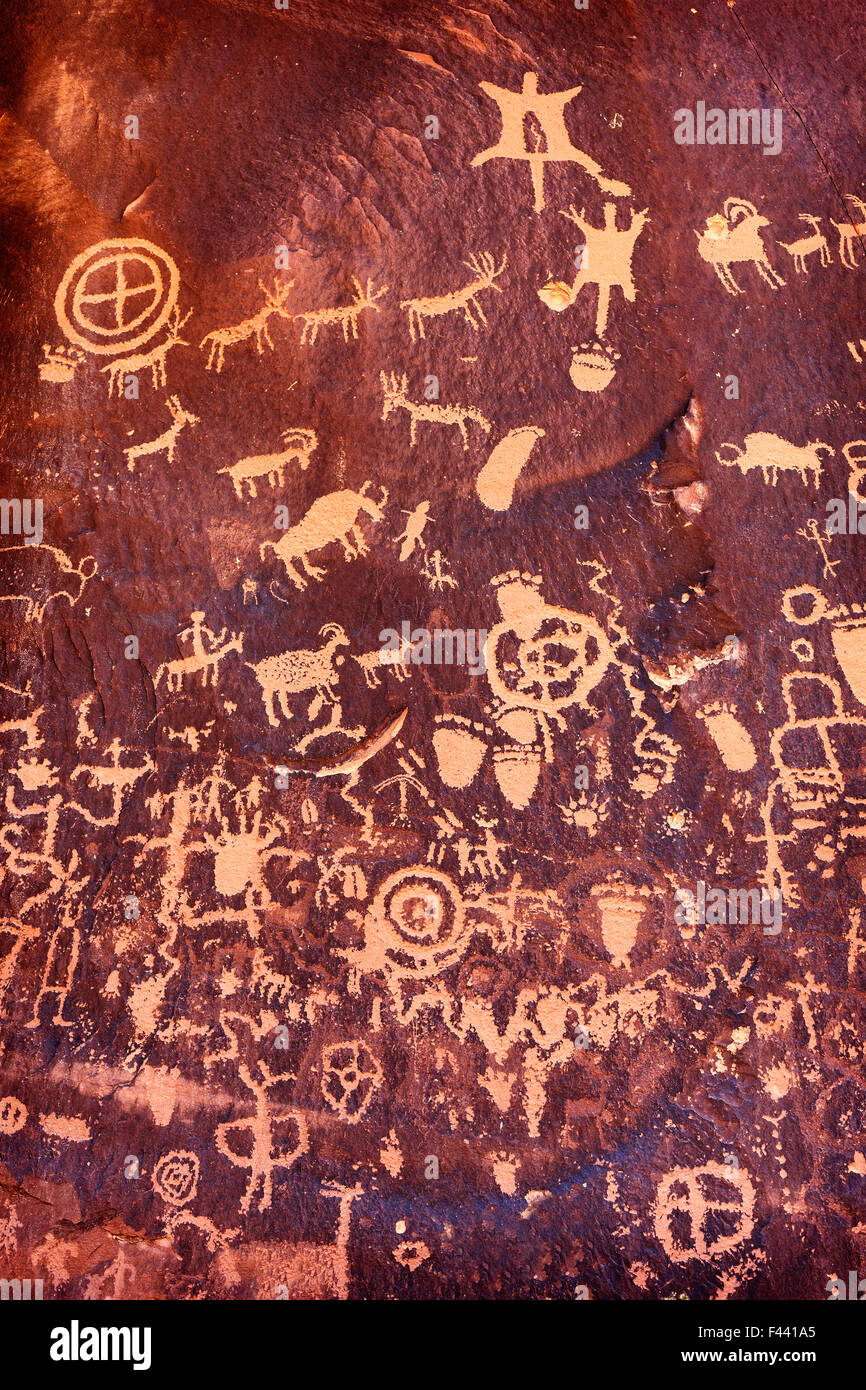 Ancient symbols texture, Petroglyphs on Newspaper Rock, Utah, USA. Stock Photo