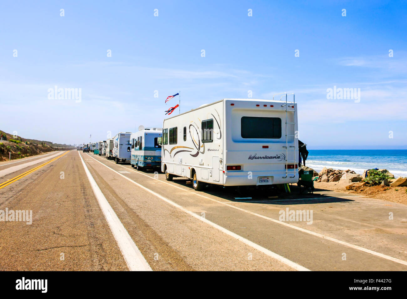 Motorhomes and travel trailers parked up on PCH Pacific Coast Highway