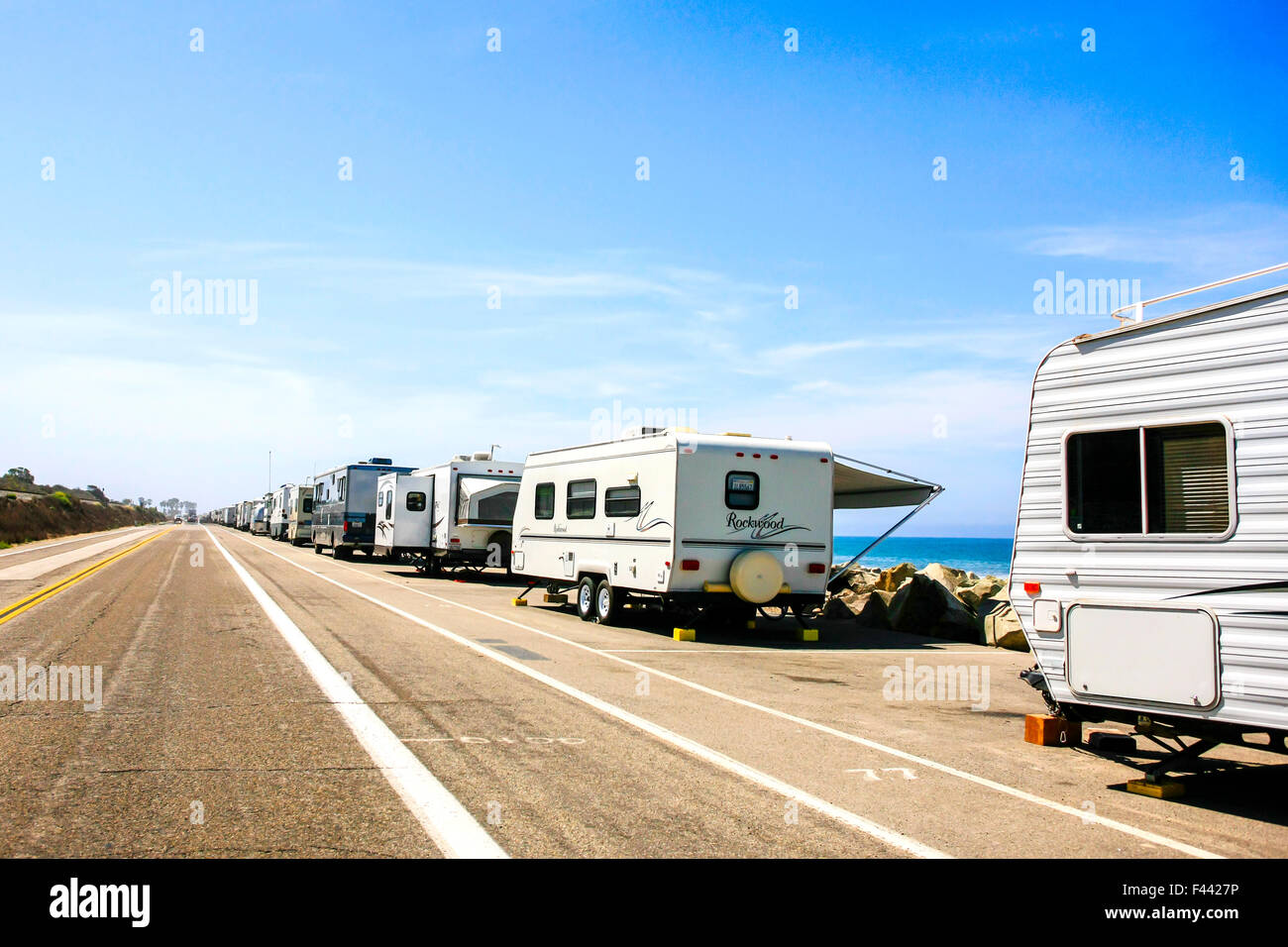 Motorhomes and travel trailers parked up on PCH Pacific Coast Highway