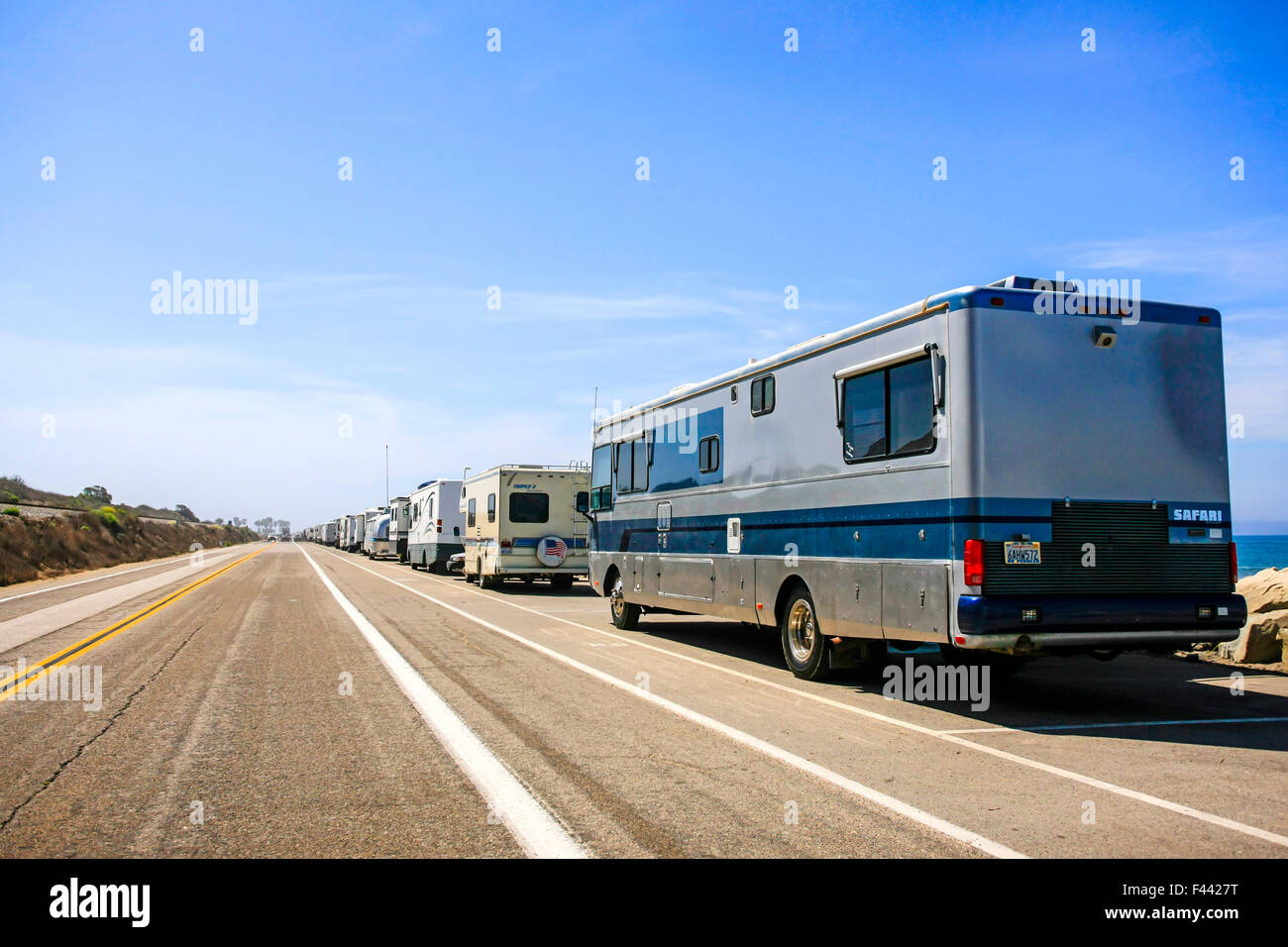Pch Rv Motorhomes and travel trailers parked up on PCH - Pacific Coast Highway ...
