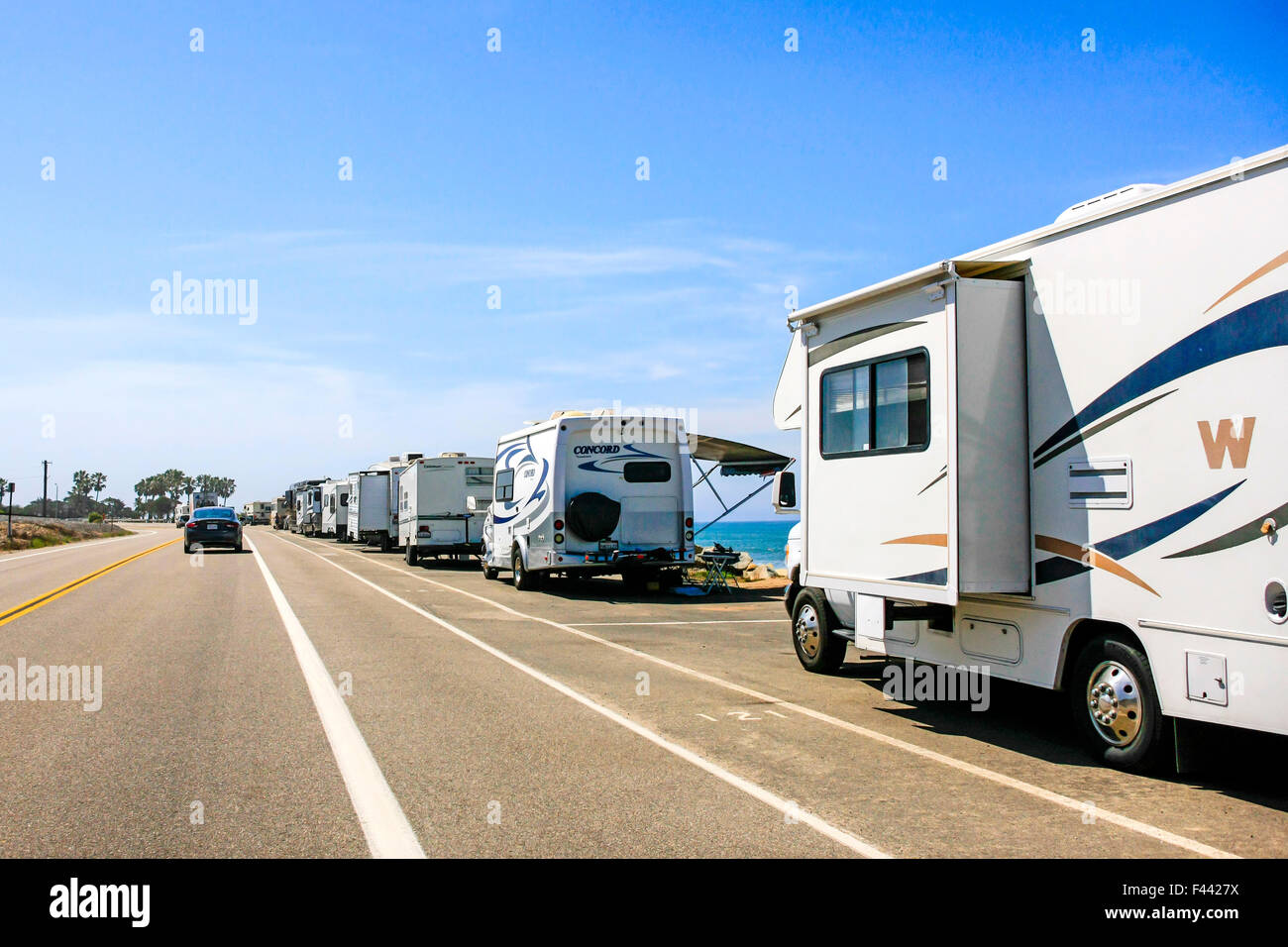 Pch Rv Motorhomes and travel trailers parked up on PCH - Pacific Coast Highway ...