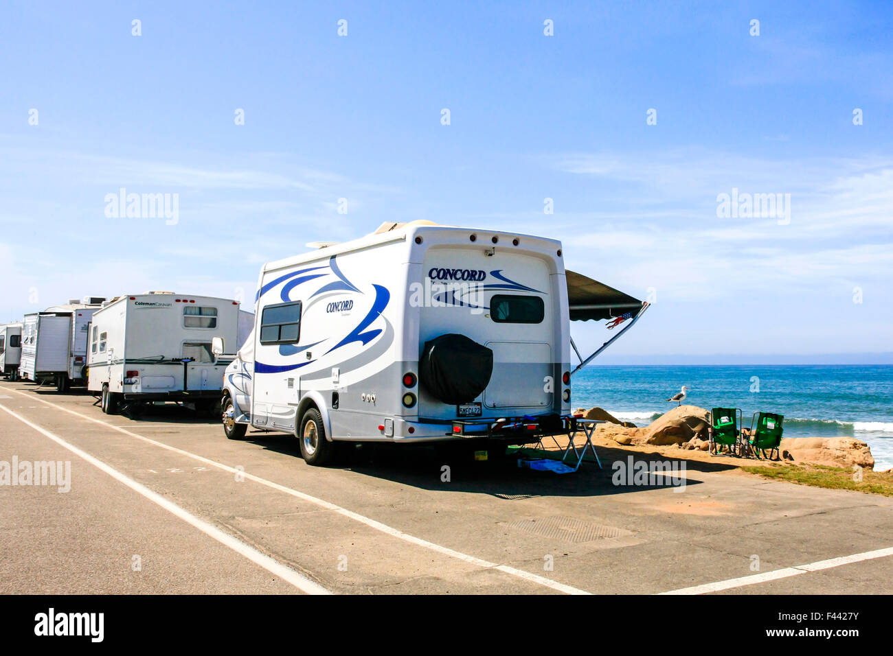 Motorhomes and travel trailers parked up on PCH Pacific Coast Highway