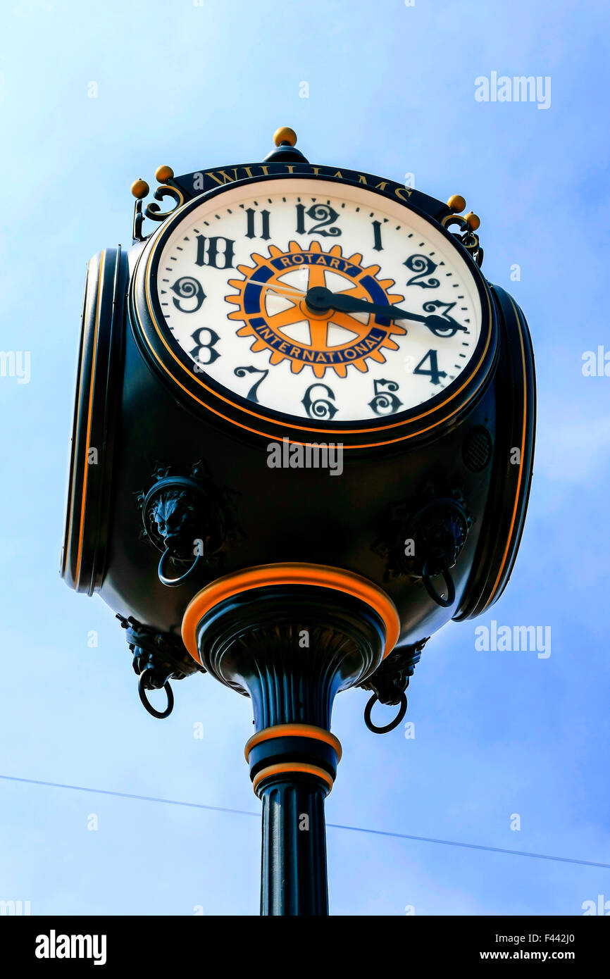 Four sided public town clock in Williams Arizona, the last Route 66 city to be bi-passed by I-40 Stock Photo