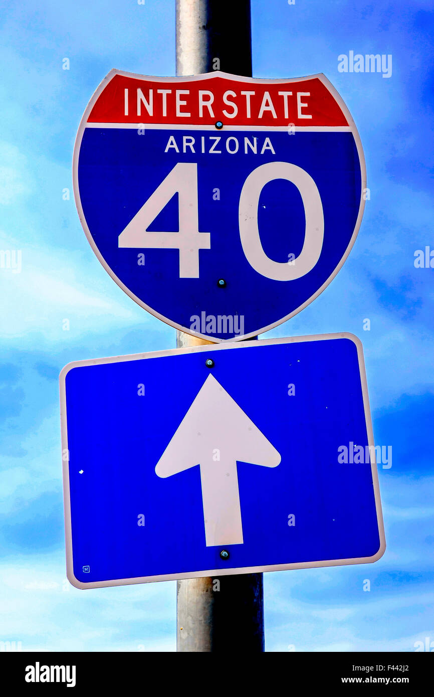 Interstate 40 signpost in Williams Arizona, the last Route 66 city to