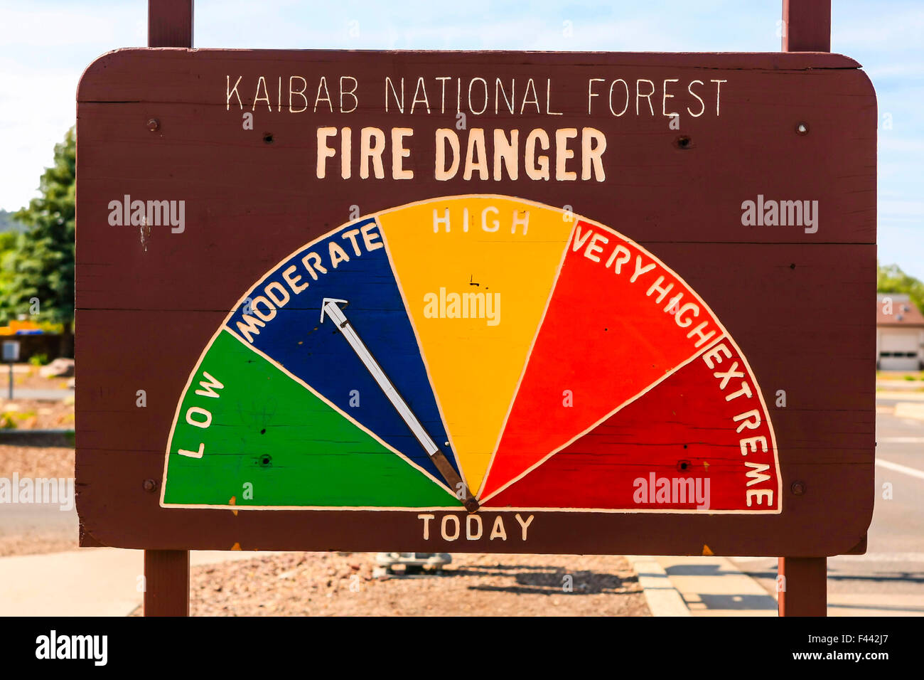 Kaibab National Forest Fire danger monitor sign with a reading of moderate chance of fire that day Stock Photo