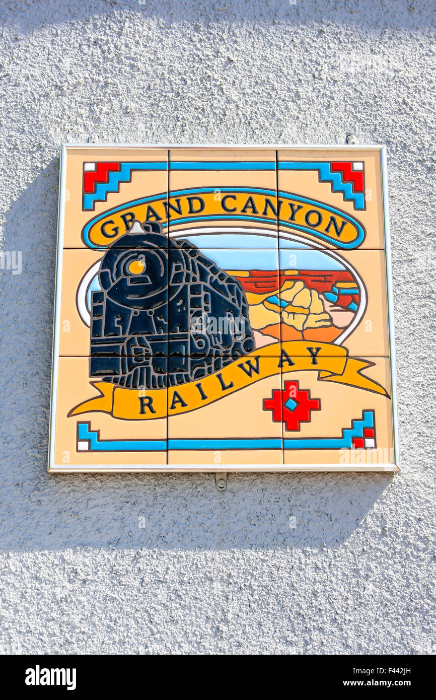 Grand Canyon Railway on the wall of the Williams Juction depot station in Arizona Stock Photo