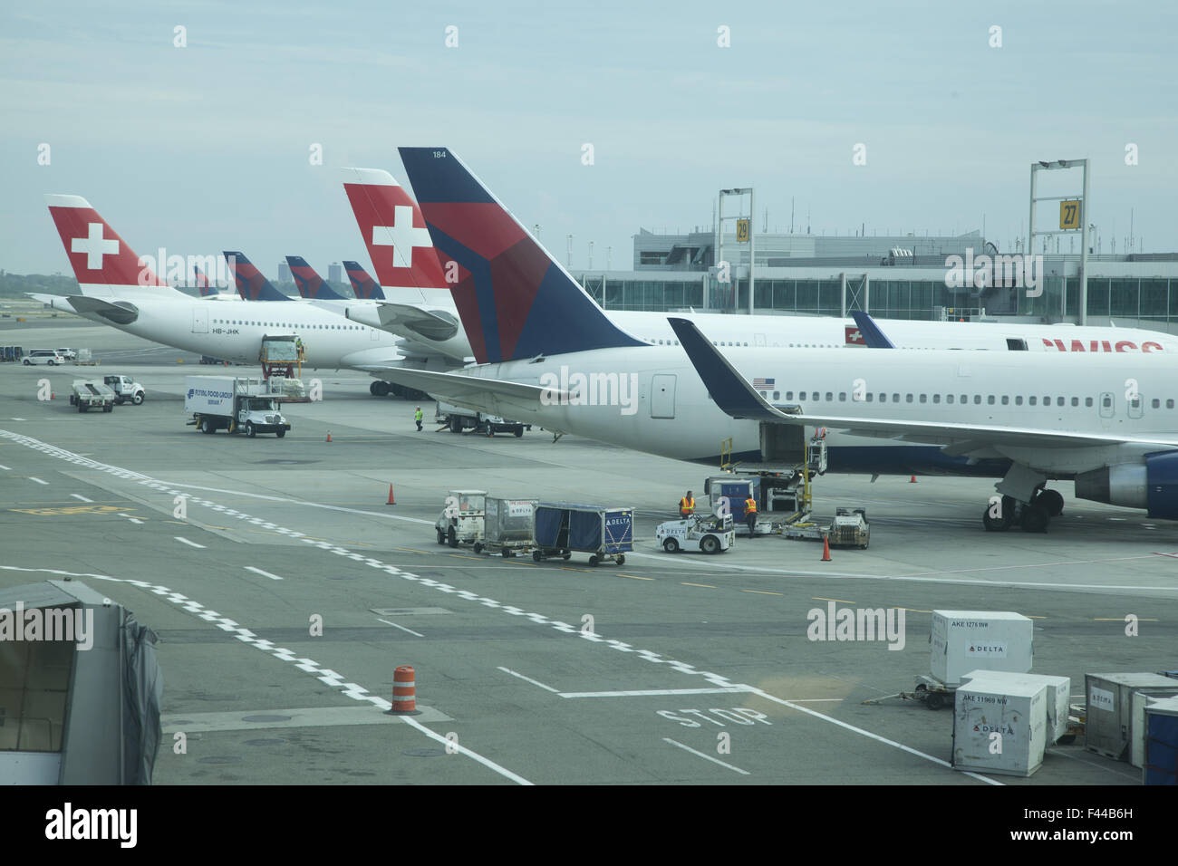 Swiss International Airlines airplanes on the tarmac at JFK International Airport in New York City. Stock Photo