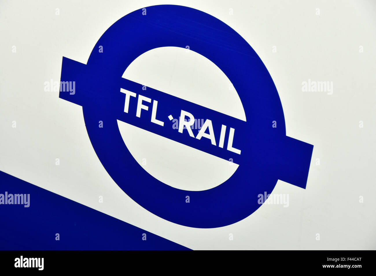 Transport for London logo on metro commuter train carriage taken over by tfl on Shenfield to London Liverpool Street for Crossrail Elizabeth line uk Stock Photo