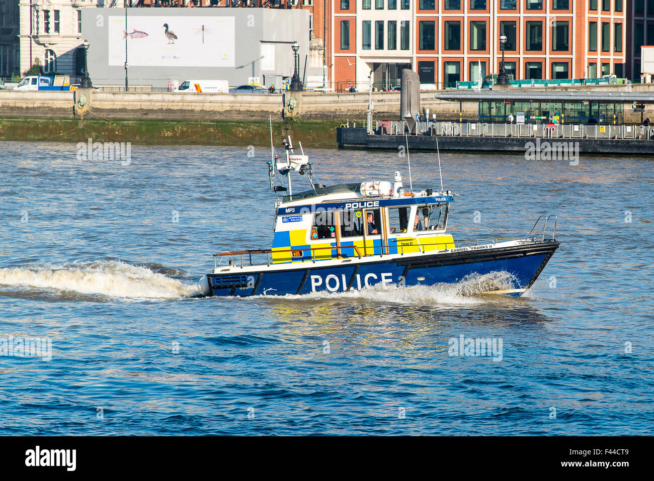 Metropolitan Police Marine Policing Unit launch Gabriel Franks II on the River Thames near Blackfriars Bridge. Stock Photo