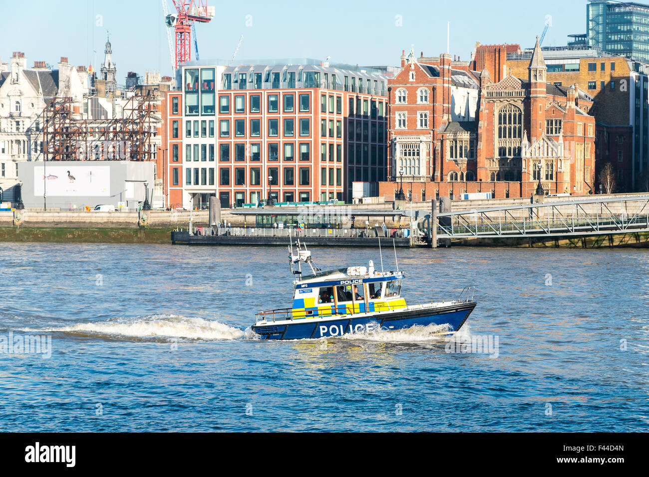 Metropolitan Police Marine Policing Unit launch Gabriel Franks II on the River Thames near Blackfriars Bridge. Stock Photo